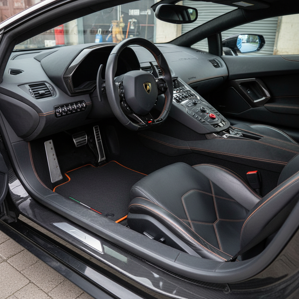 Interior look of floor mats for Lamborghini Aventador | Orange Trim