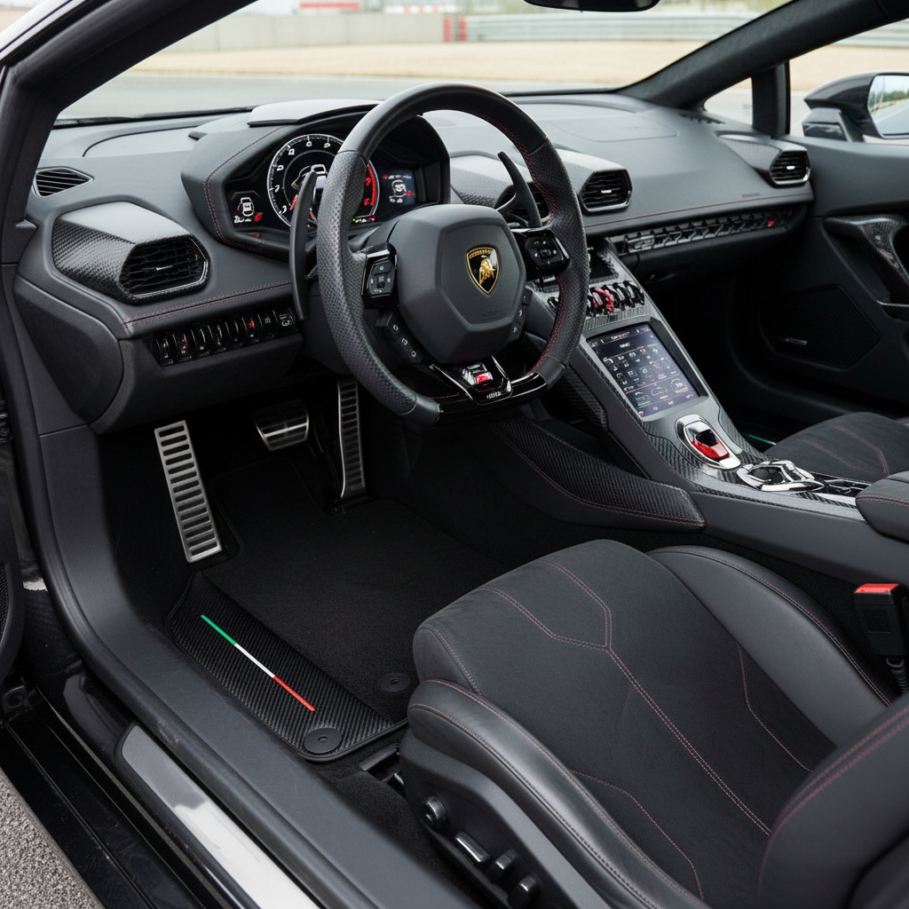 Custom Black Floor Mats for Lamborghini Huracan EVO 2019-2024 with Carbon Fiber Leather Borders