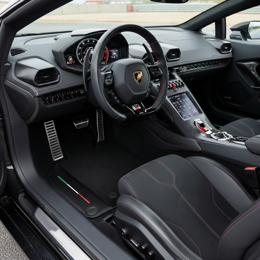 Maßgefertigte schwarze Fußmatten für Lamborghini Huracan EVO 2019-2024 mit Rändern aus Carbonfaser-Leder