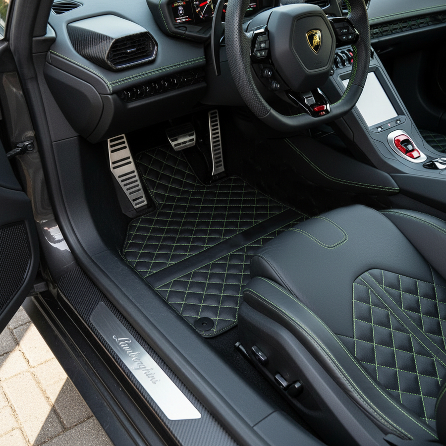 Maßgefertigte schwarze Lederfußmatten für Lamborghini Huracan Perfomante | Grüne Nähte
