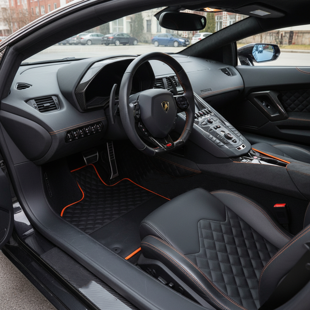 Interior look of floor mats for Customizable Black Leather Floor Mats For Lamborghini Aventador