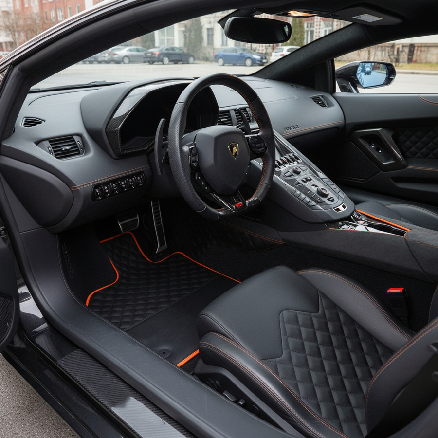 Anpassbare schwarze Lederfußmatten für Lamborghini Aventador mit orangefarbenem Rand