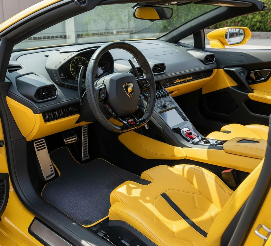 Graue Autofußmatten für Lamborghini Huracán Sterrato (2023-2024) | Gelbe Einfassung