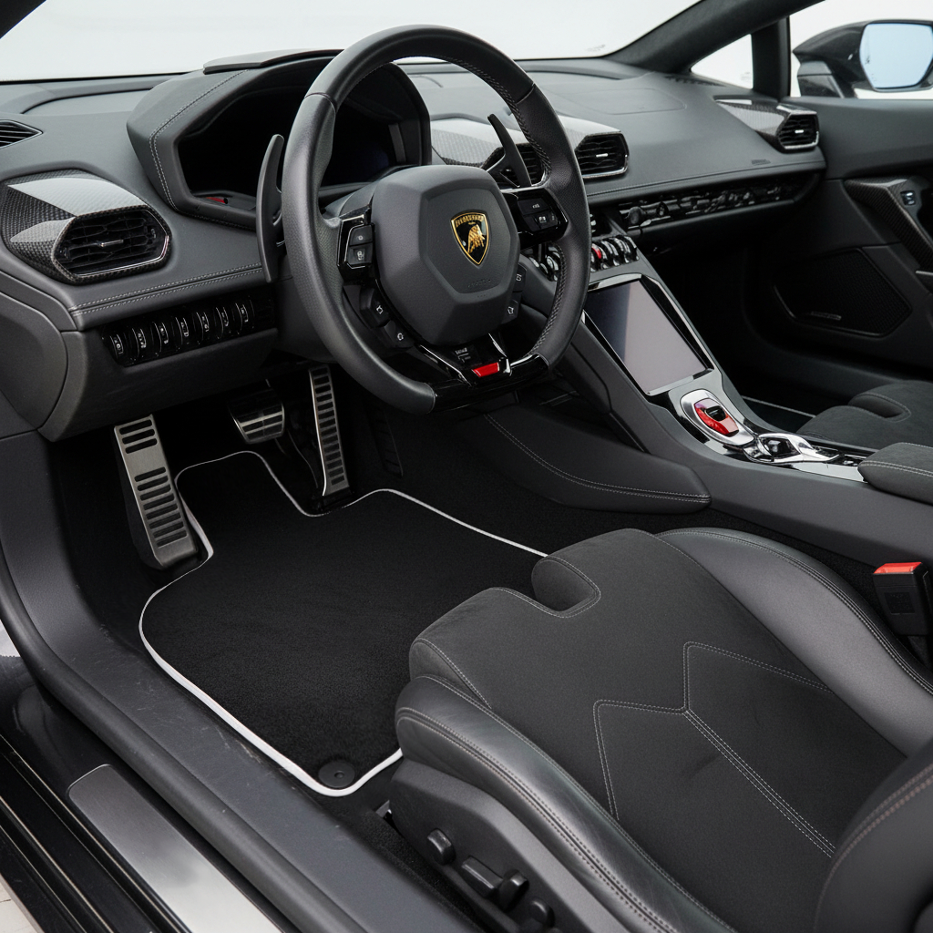 Interior look of floor mats for Lamborghini Huracan STO | White Trim