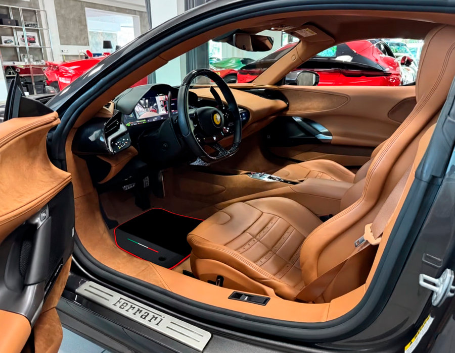 Black Floor Mats for Ferrari SF90 Stradale (2019-2024) with Leather and Red Trim