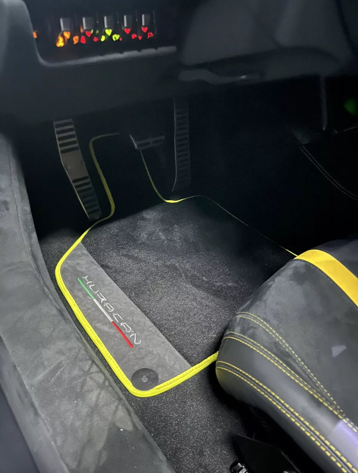 Interior look of floor mats for Lamborghini Huracan With Alcantara Leather Yellow Trim
