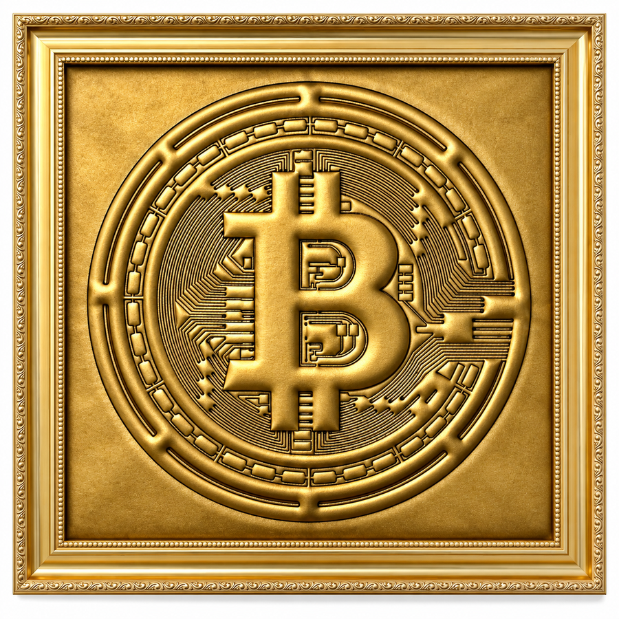 Wandkunst aus goldenem Leder mit Bitcoin-Motiv: Luxus-Dekor mit schwarzen Stickereien