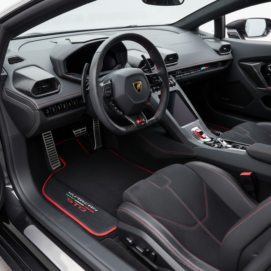 Schwarze Fußmatten für Lamborghini Huracan STO mit Carbonfaser-Leder | Roter Rand