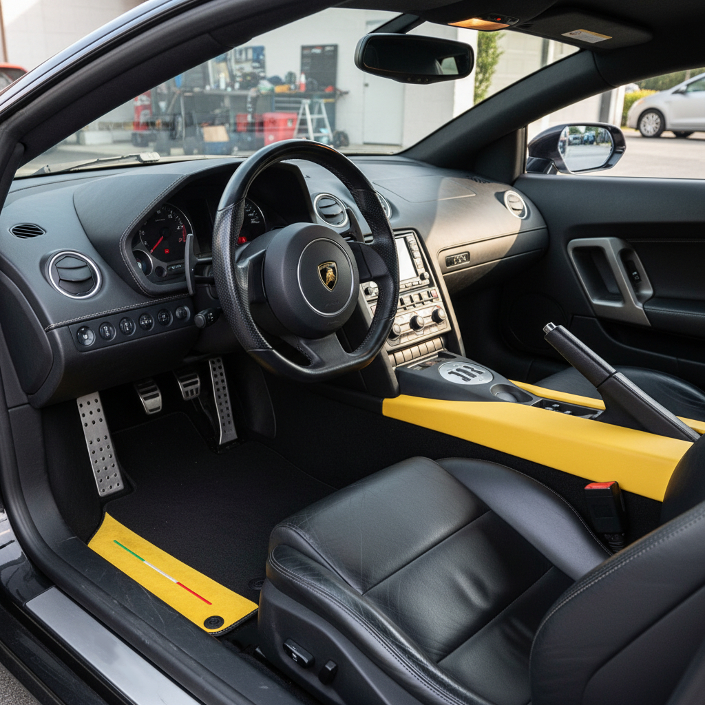 Interior look of floor mats for Lamborghini Gallardo With Yellow Alcantara Leather