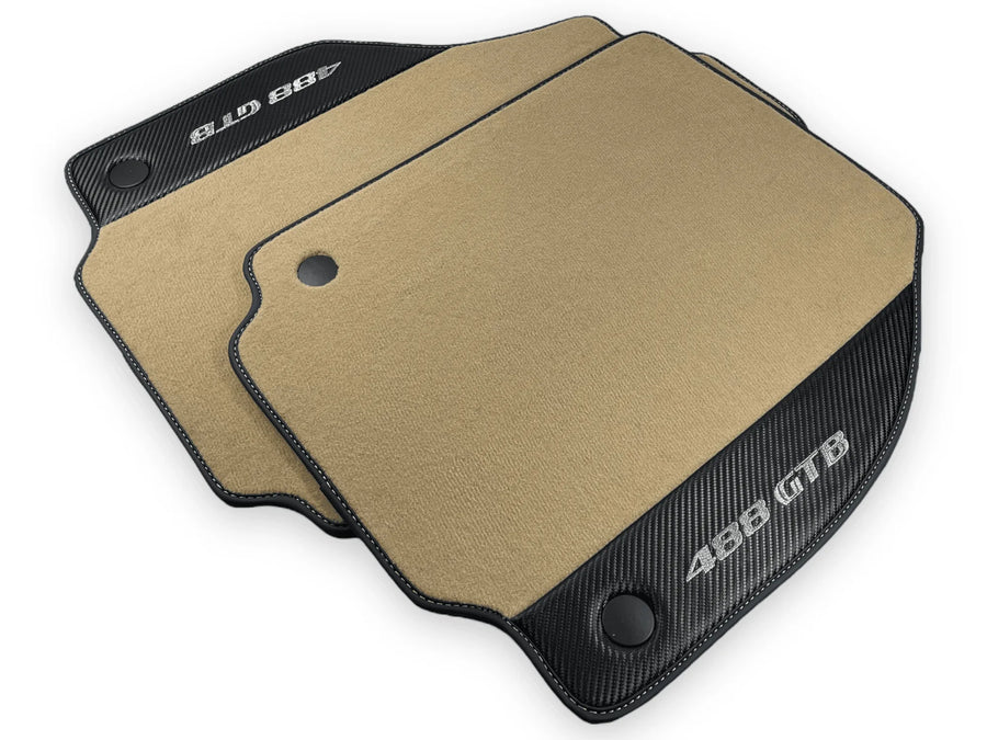 Beige Floor Mats For Ferrari 488 GTB 2016-2022 Carpets With Carbon Fiber - AutoWin