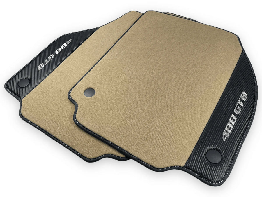 Beige Floor Mats For Ferrari 488 GTB 2016-2022 Carpets With Carbon Fiber - AutoWin
