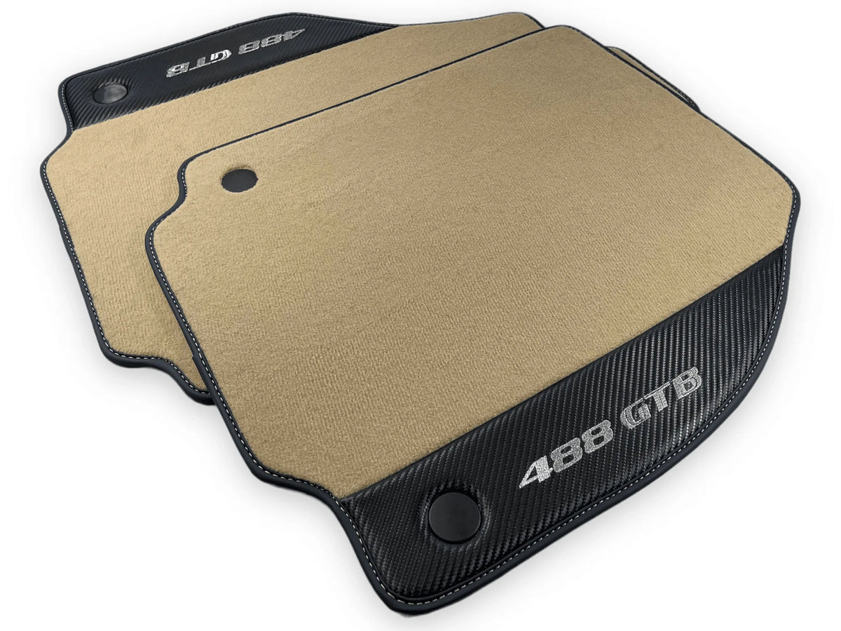 Beige Floor Mats For Ferrari 488 GTB 2016-2022 Carpets With Carbon Fiber - AutoWin