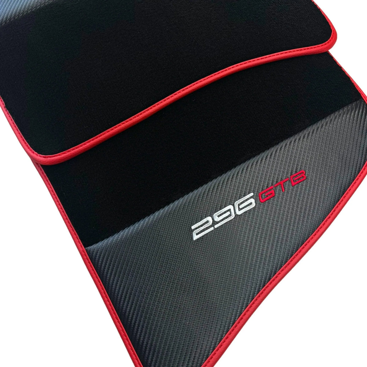 Black Floor Mats for Ferrari 296 GTB (2022-2027) with Carbon Fiber | Red Trim - AutoWin