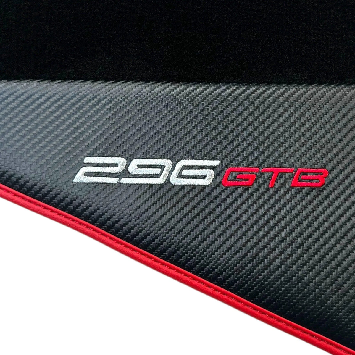 Black Floor Mats for Ferrari 296 GTB (2022-2027) with Carbon Fiber | Red Trim - AutoWin