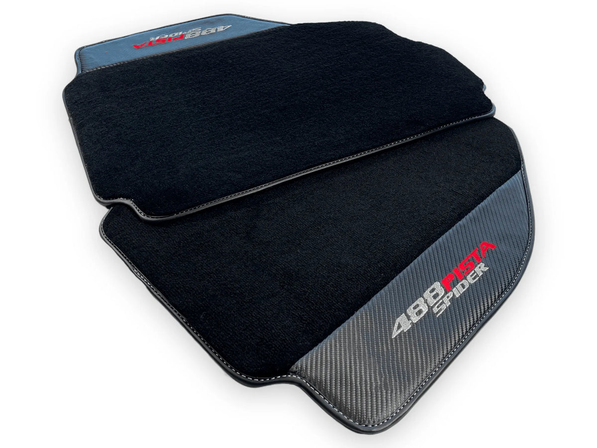 Black Floor Mats For Ferrari 488 Pista Spider 2019-2021 With Carbon Fiber Leather