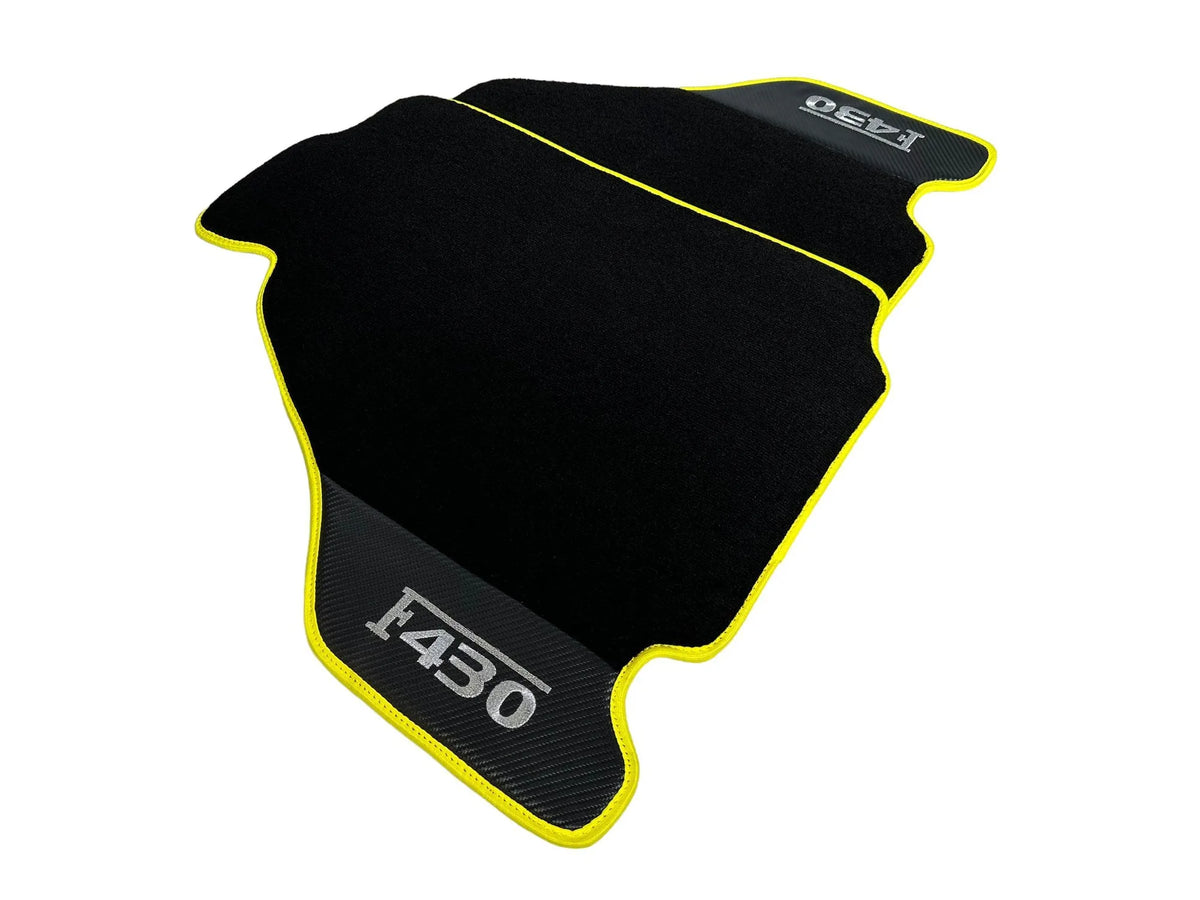 Black Floor Mats For Ferrari F430 2004-2009 With Carbon Fiber Leather Yellow Trim - AutoWin