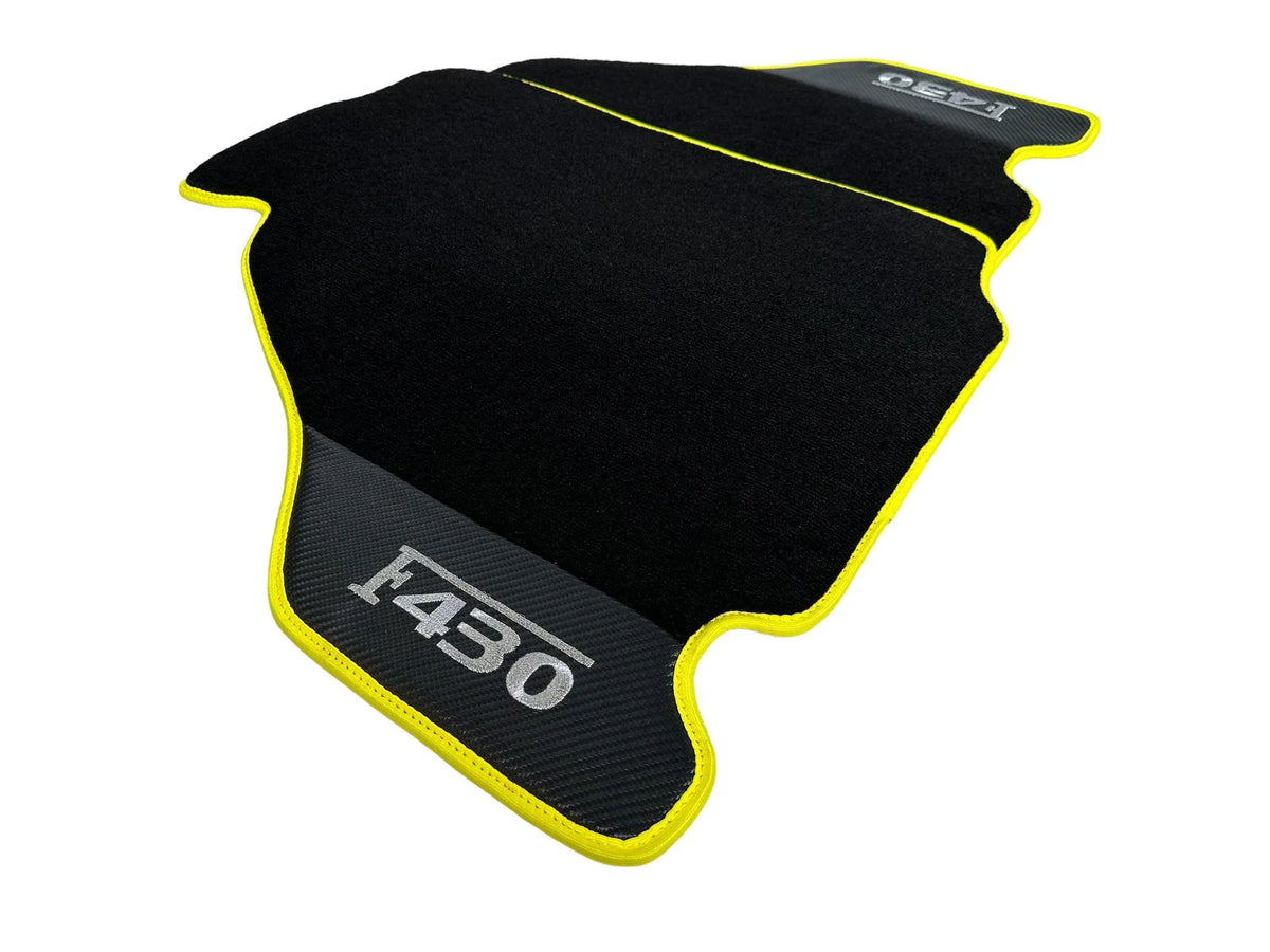 Black Floor Mats For Ferrari F430 2004-2009 With Carbon Fiber Leather Yellow Trim - AutoWin