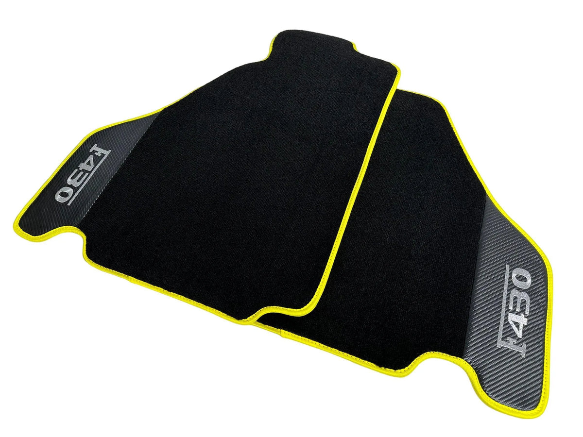 Black Floor Mats For Ferrari F430 2004-2009 With Carbon Fiber Leather Yellow Trim - AutoWin