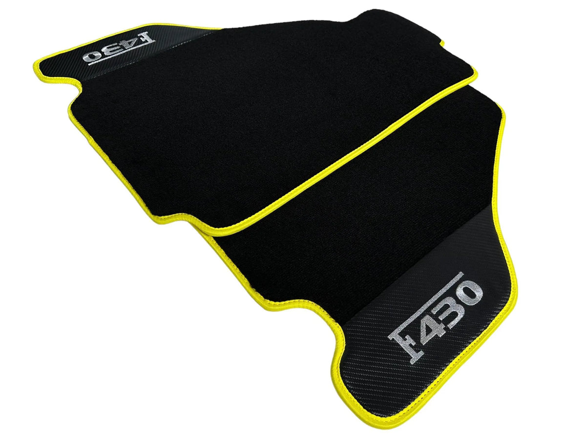 Black Floor Mats For Ferrari F430 2004-2009 With Carbon Fiber Leather Yellow Trim - AutoWin