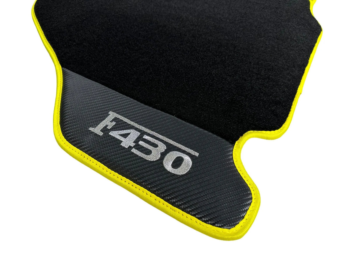 Black Floor Mats For Ferrari F430 2004-2009 With Carbon Fiber Leather Yellow Trim - AutoWin