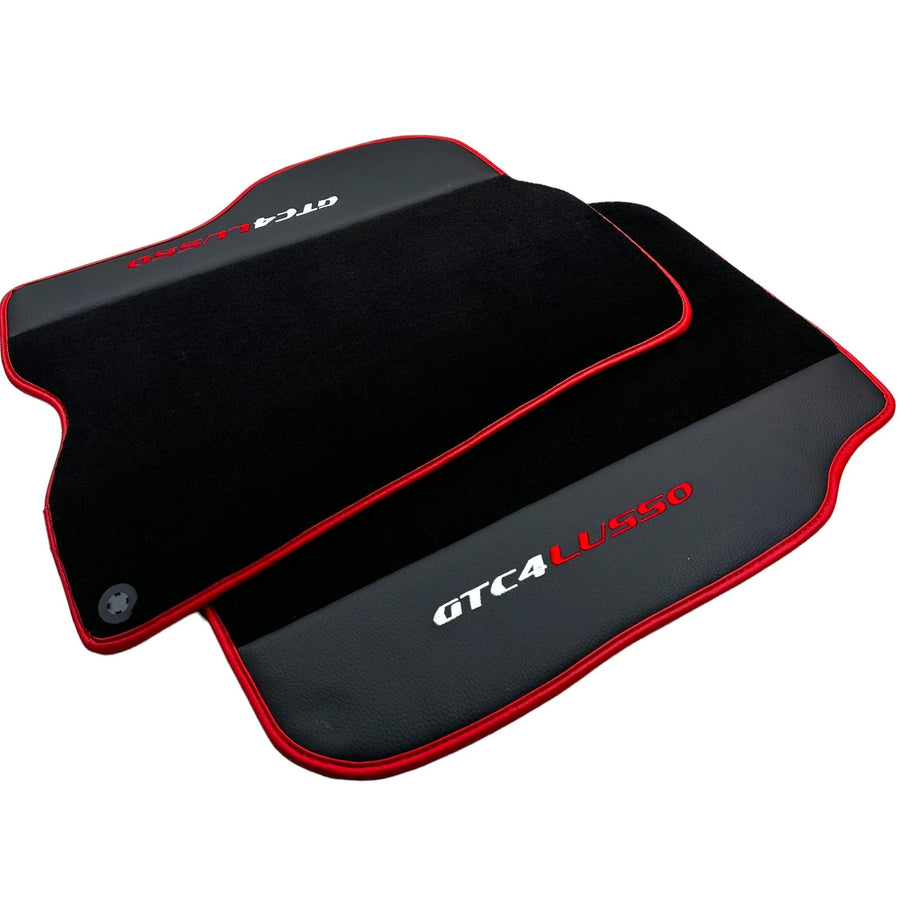 Black Floor Mats For Ferrari GTC4 Lusso (2016-2023) with Leather and Red Trim - AutoWin