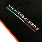 Black Floor Mats for Lamborghini Huracan (2014-2023) with Orange Leather Trim - AutoWin