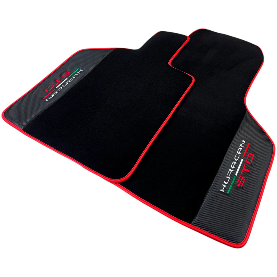 Black Floor Mats for Lamborghini Huracan STO with Carbon Fiber Leather | Red Trim