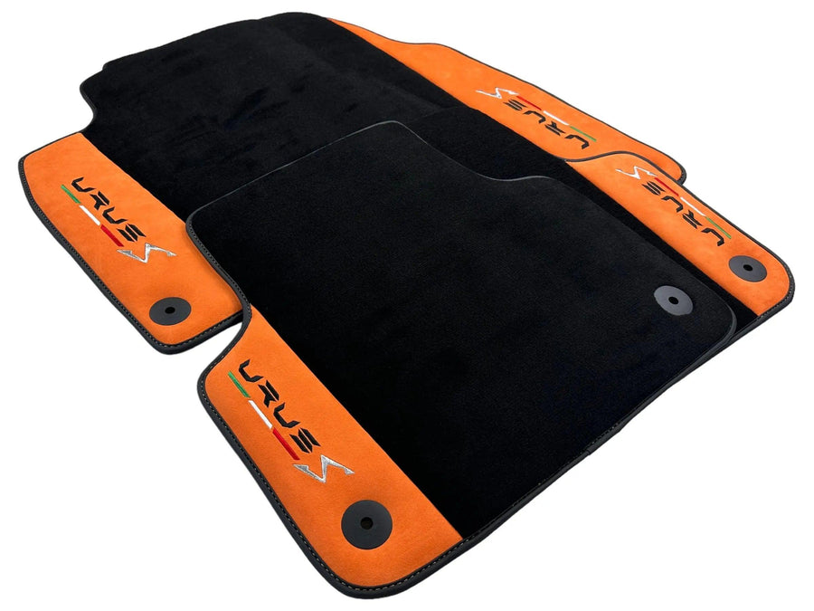 Black Floor Mats For Lamborghini Urus S With Orange Alcantara Leather - AutoWin