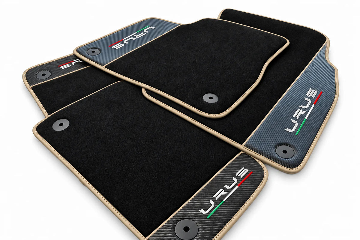 Black Floor Mats For Lamborghini Urus With Carbon Fiber Leather Beige trim