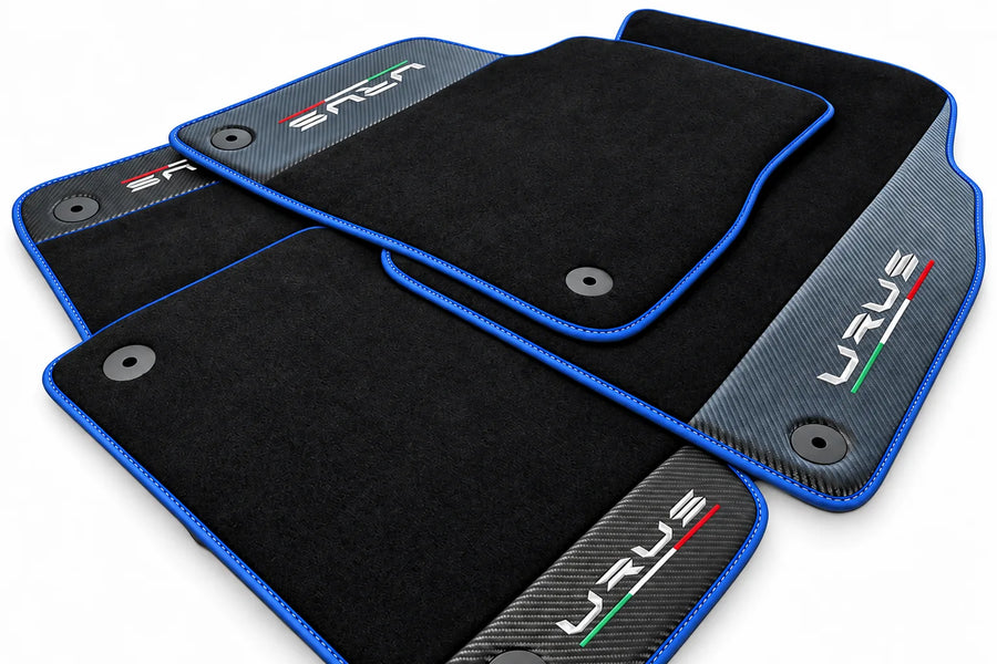 Black Floor Mats For Lamborghini Urus With Carbon Fiber Leather Blue trim