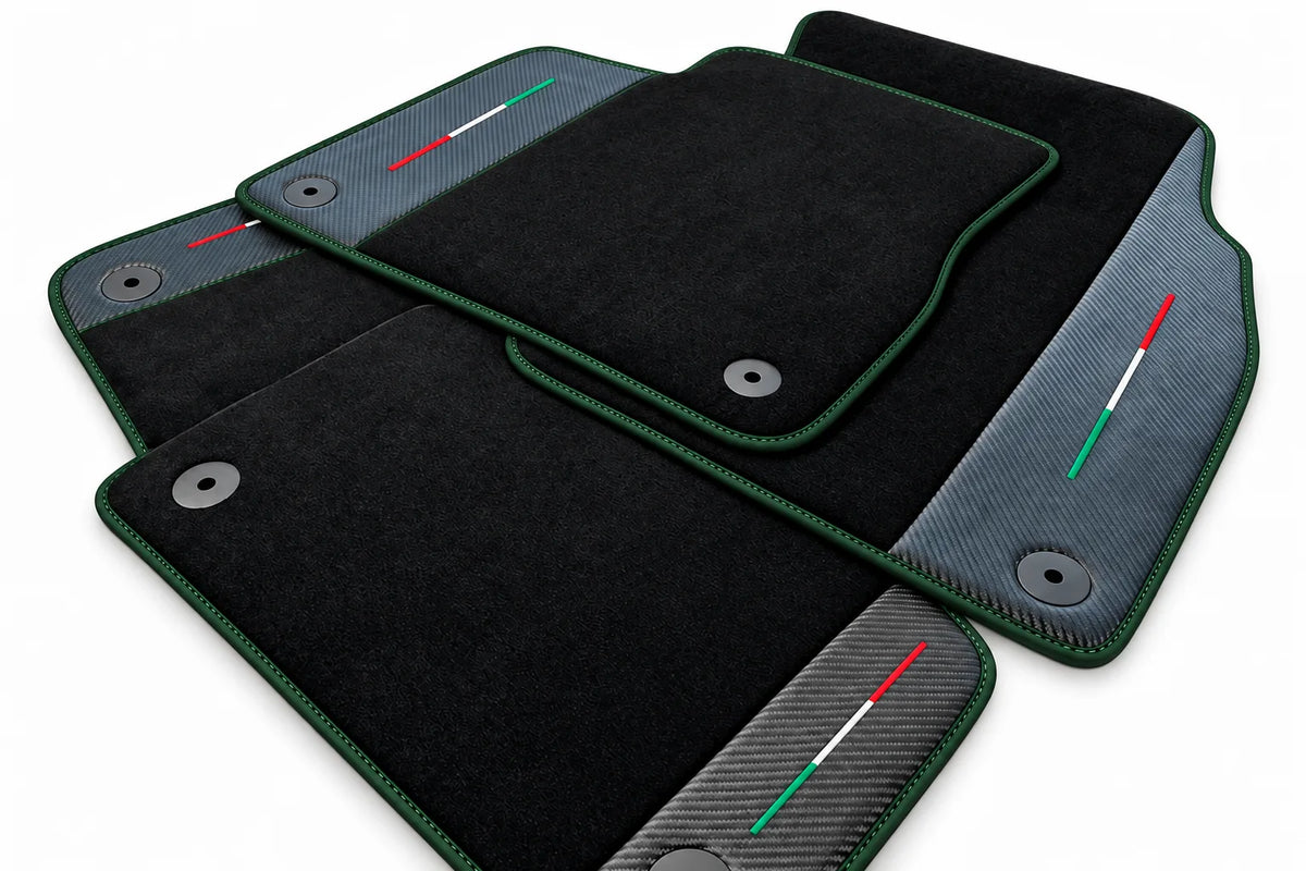 Black Floor Mats For Lamborghini Urus With Carbon Fiber Leather Dark Green trim