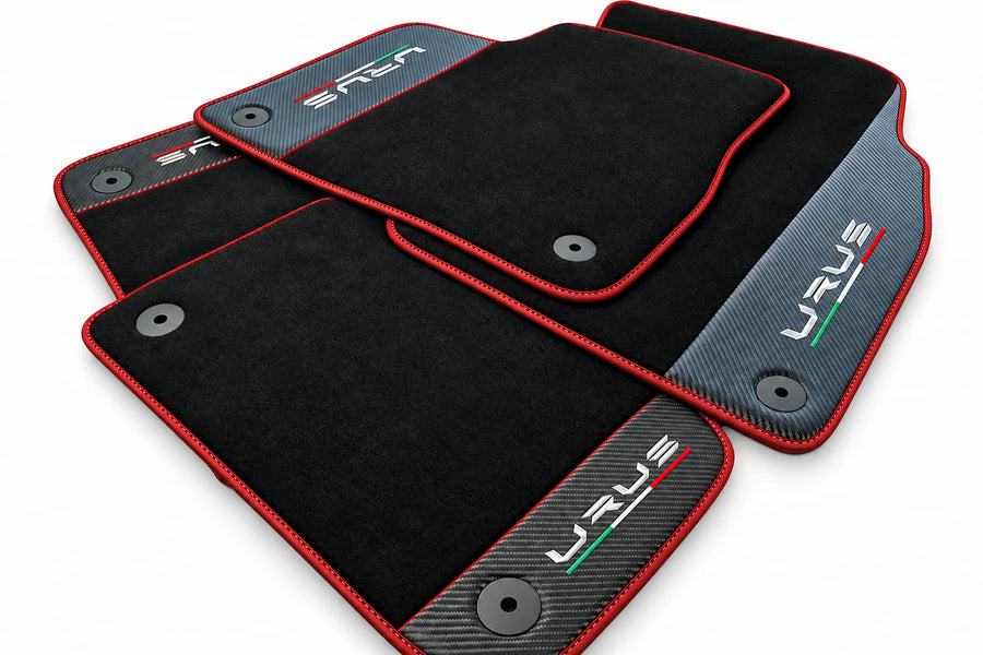 Black Floor Mats For Lamborghini Urus With Carbon Fiber Leather Red trim