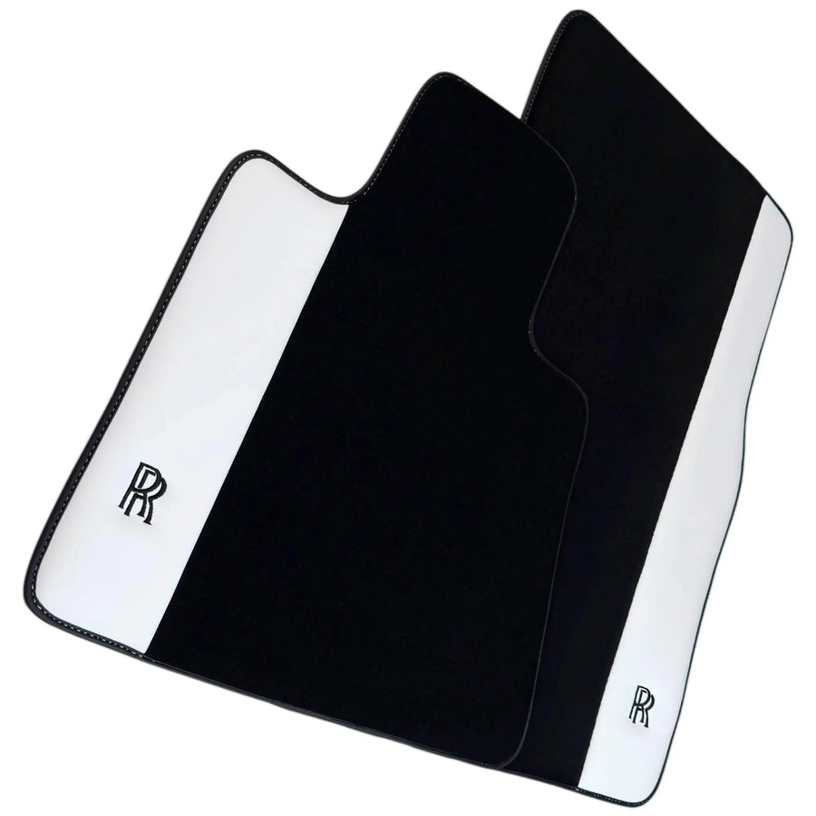 Black Floor Mats for Rolls Royce Cullinan (2018-2025) with White Leather | RR Logo