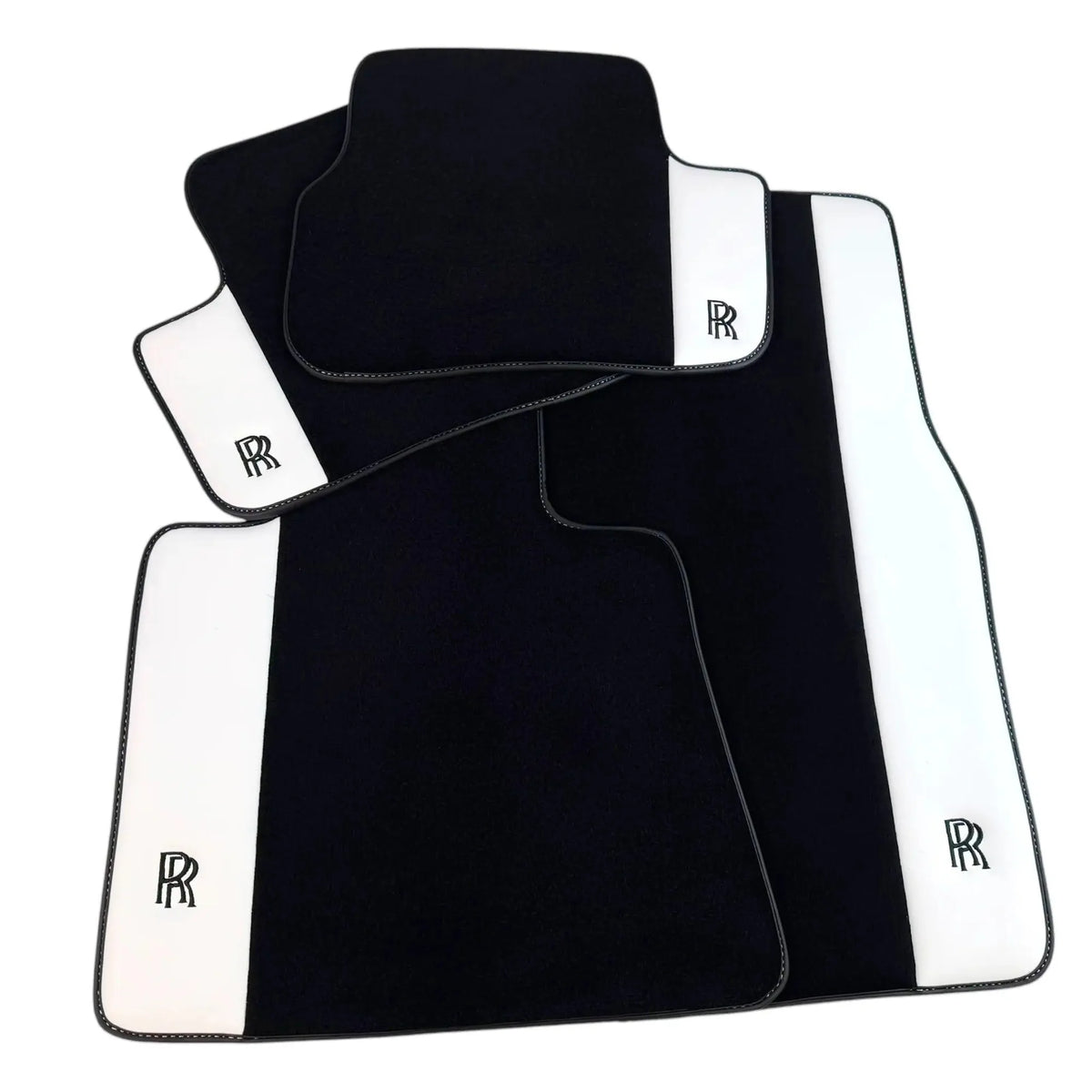 Black Floor Mats for Rolls Royce Cullinan (2018-2025) with White Leather | RR Logo