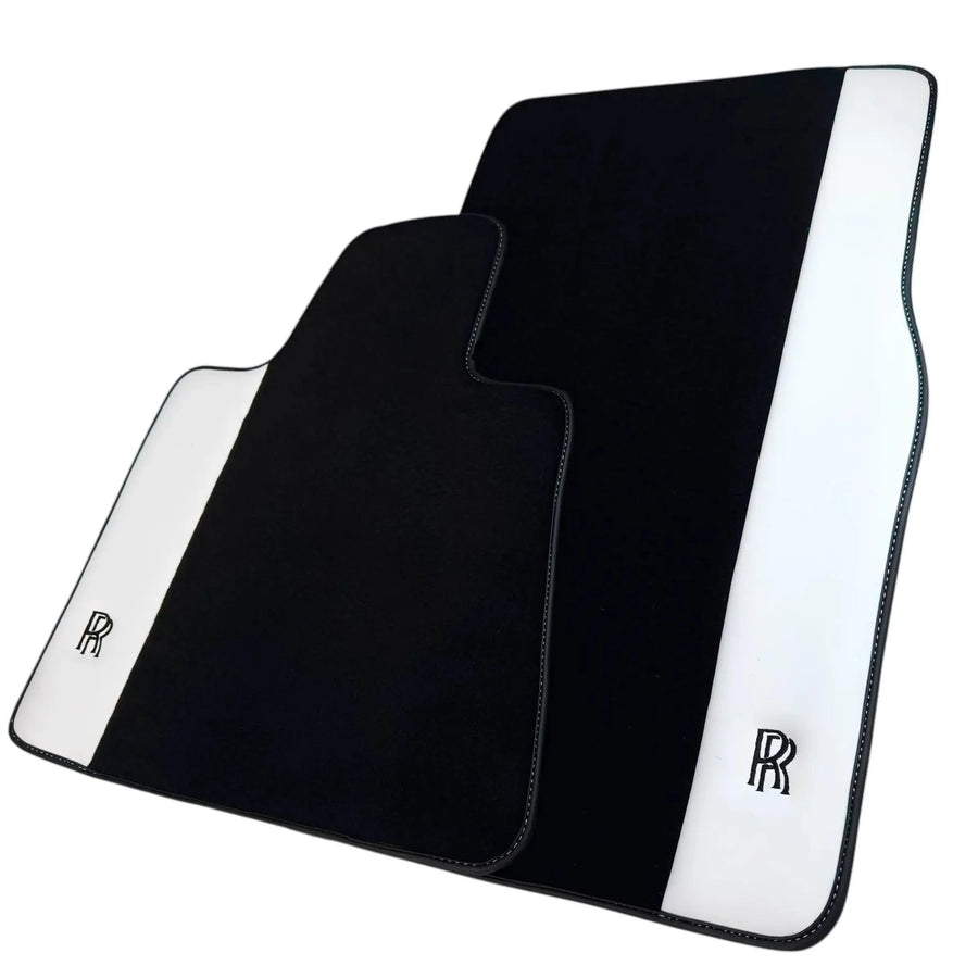 Black Floor Mats for Rolls Royce Ghost Series I (2010–2020) with White Leather | RR Logo
