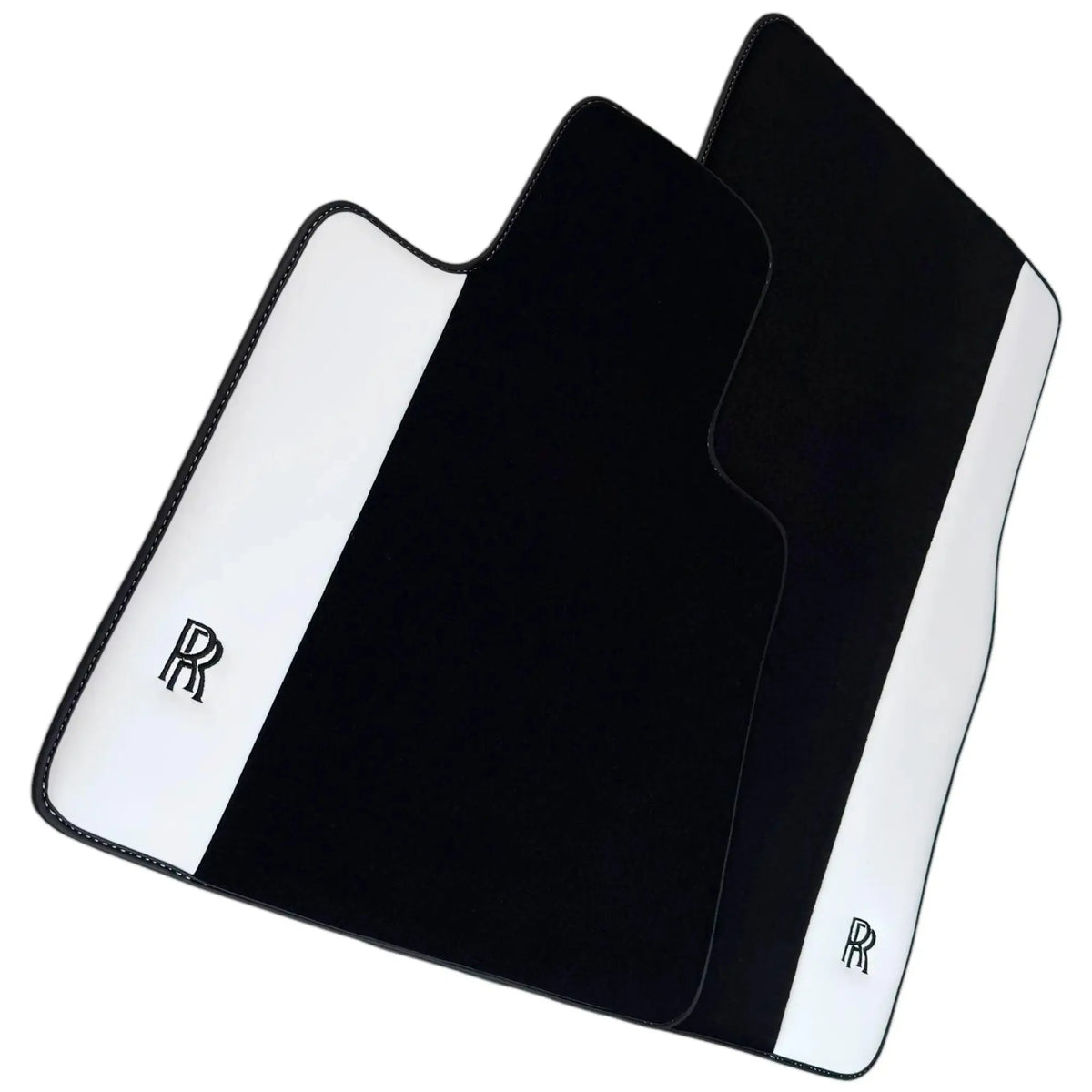 Black Floor Mats for Rolls Royce Ghost Series I (2010–2020) with White Leather | RR Logo