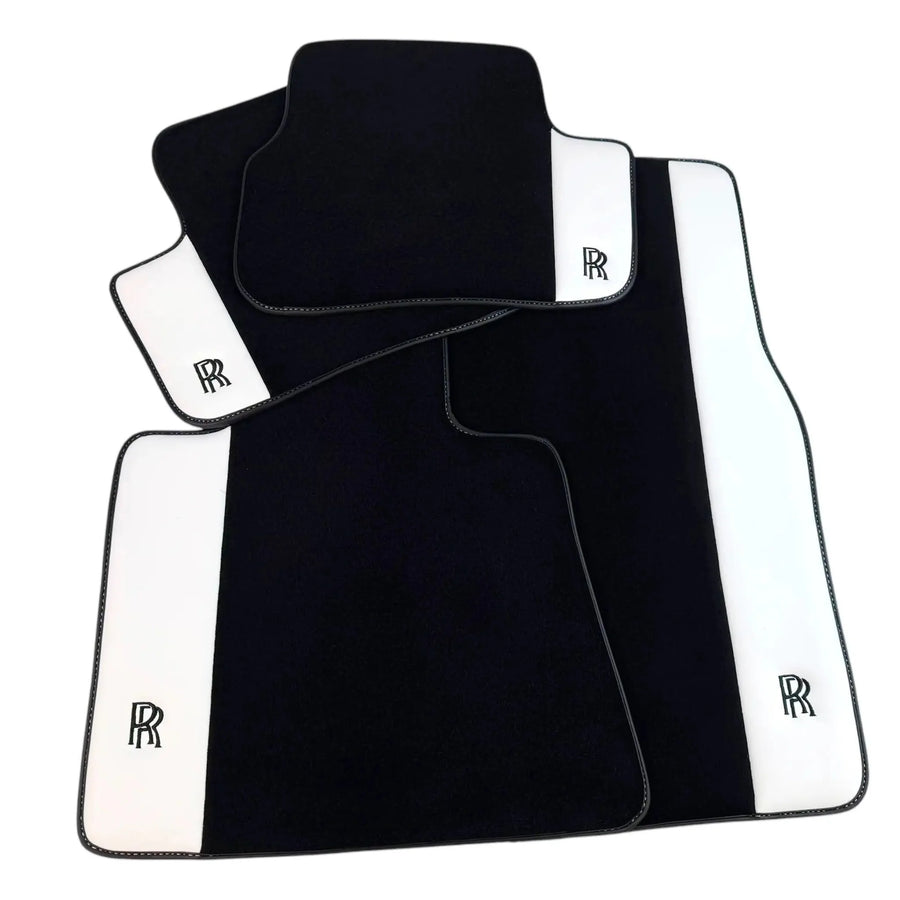 Black Floor Mats for Rolls Royce Ghost Series II (2021–2024) with White Leather | RR Logo