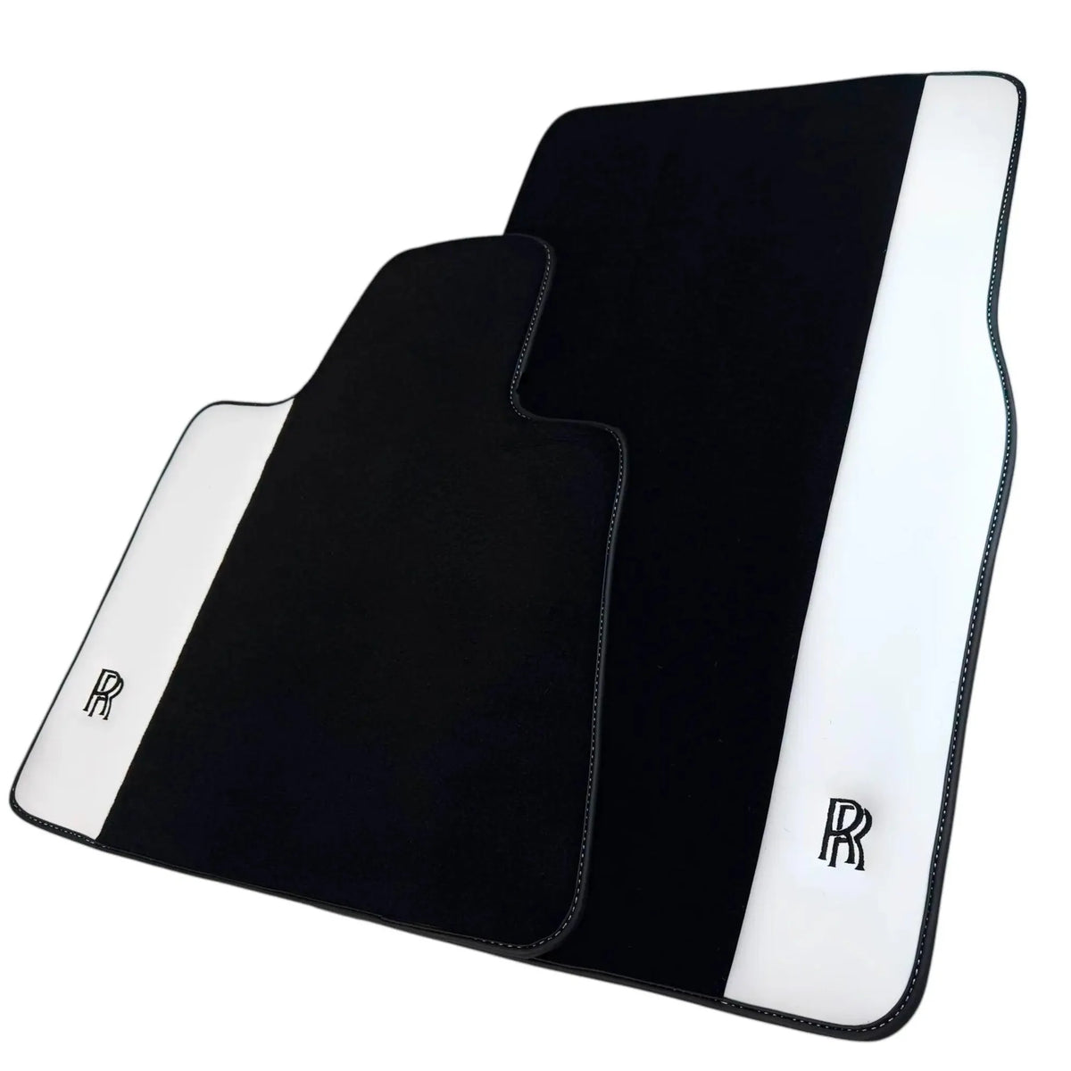 Black Floor Mats for Rolls Royce Phantom Drophead Coupe (2007-2016) with White Leather | RR Logo