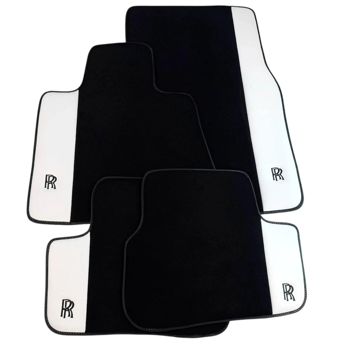 Black Floor Mats for Rolls Royce Phantom Sedan (2003-2016) with White Leather | RR Logo