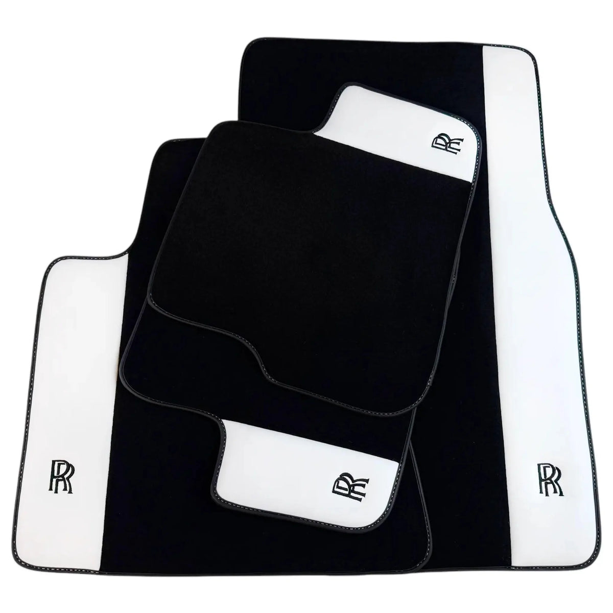 Black Floor Mats for Rolls Royce Shadow (1965-1977) with White Leather | RR Logo