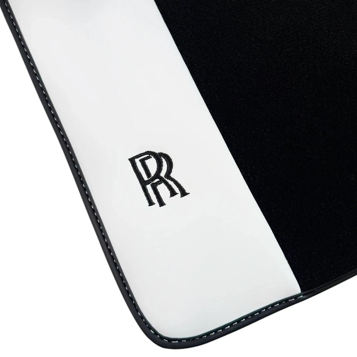 Black Floor Mats for Rolls Royce Shadow (1965-1977) with White Leather | RR Logo