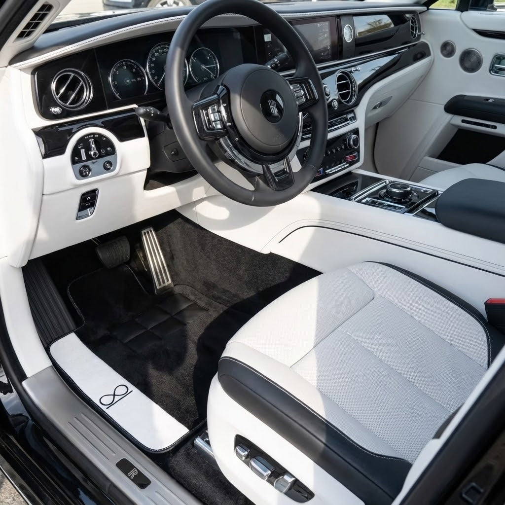 Interior look of floor mats for Black Floor Mats For Rolls Royce Spectre (2023-2024) White Leather