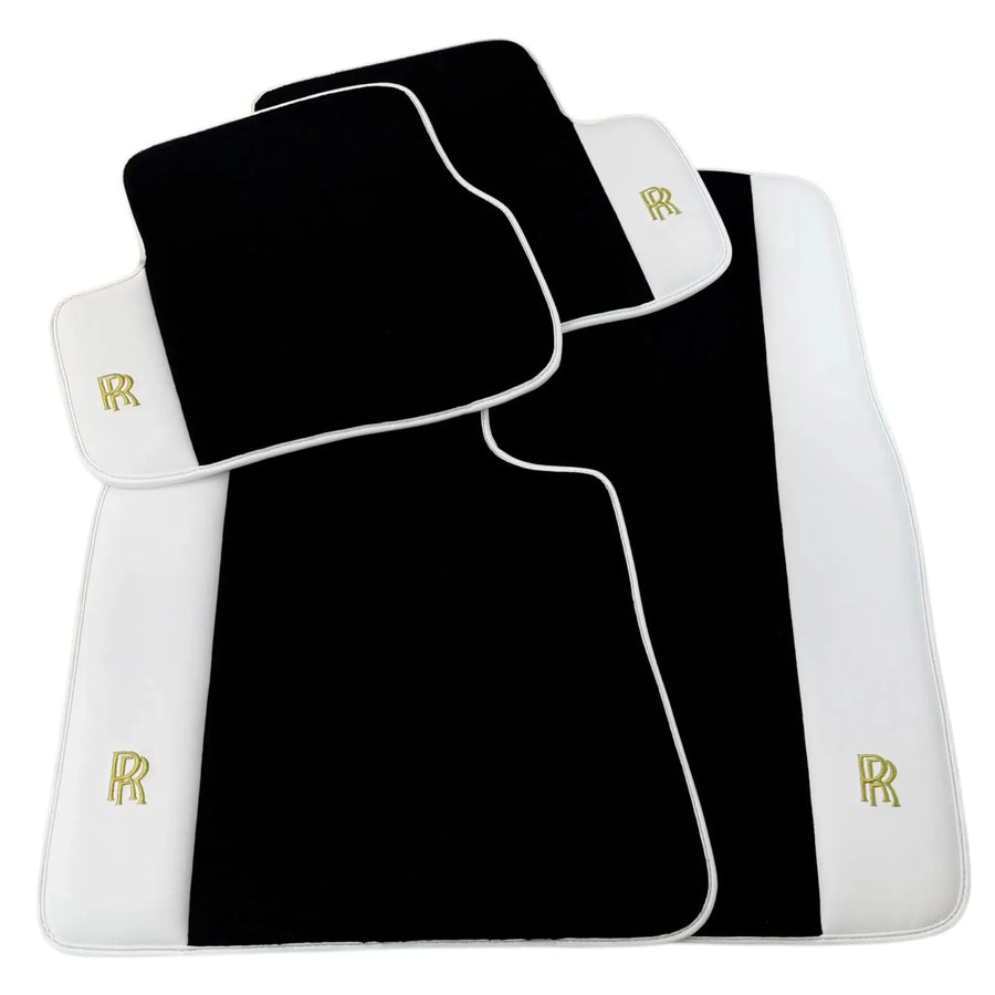 Black Floor Mats for Rolls Royce Spectre 2023-2024 with White Leather | RR Logo