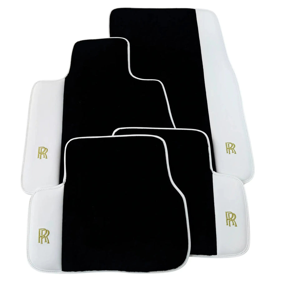 Black Floor Mats for Rolls Royce Spectre 2023-2024 with White Leather | RR Logo