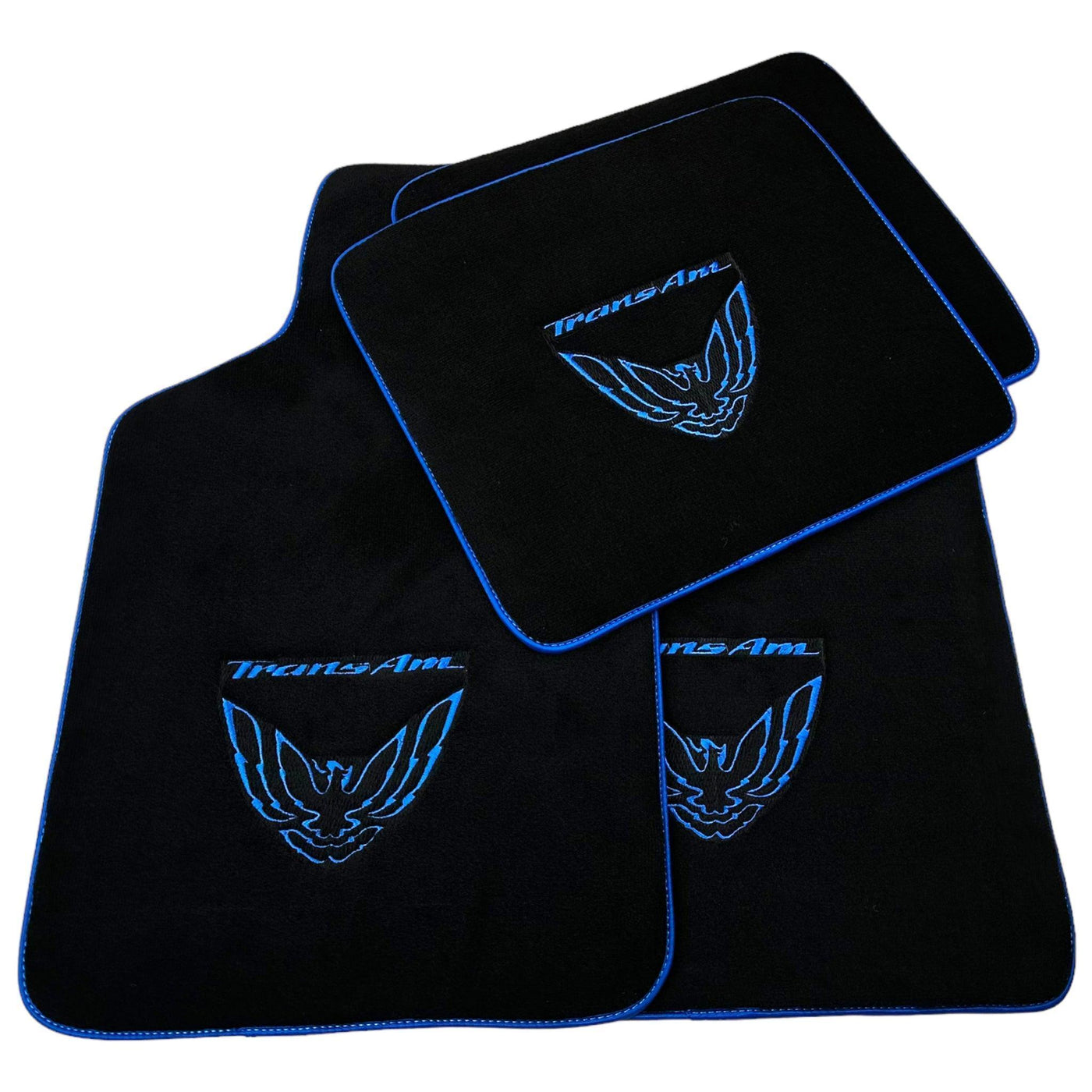Black Floor Mats with Blue Trim for Pontiac FireBird (1970-1981) with Trans Am Logo - AutoWin