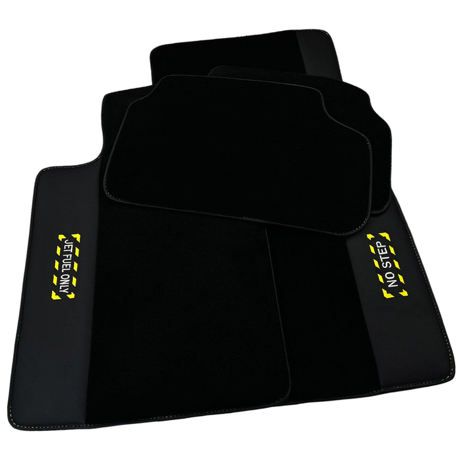Black Floor Mats with Leather for BMW G60 (2023-2026) Sedan - "Jet Fuel Only" - AutoWin