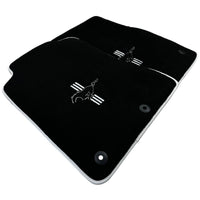 Black Floor Mats with White Trim for Ford Mustang V FL (2011-2014) With Pony - AutoWin