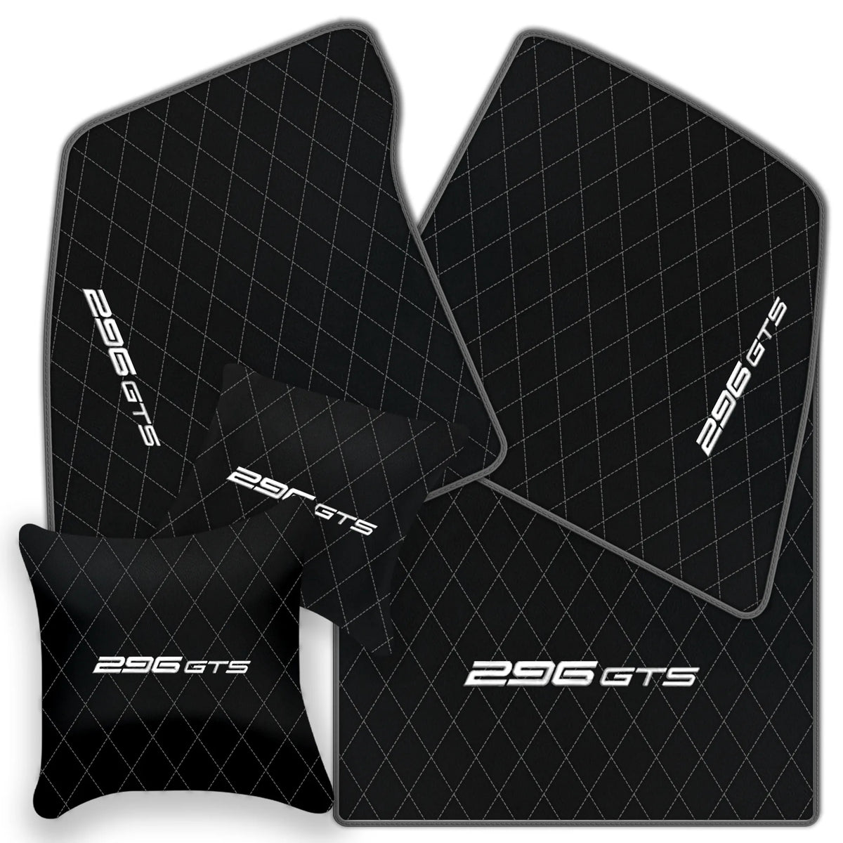 Black Leather Floor Mats for Ferrari 296 GTS (2022-2027) with Single Diamond Pattern | Full Set Option