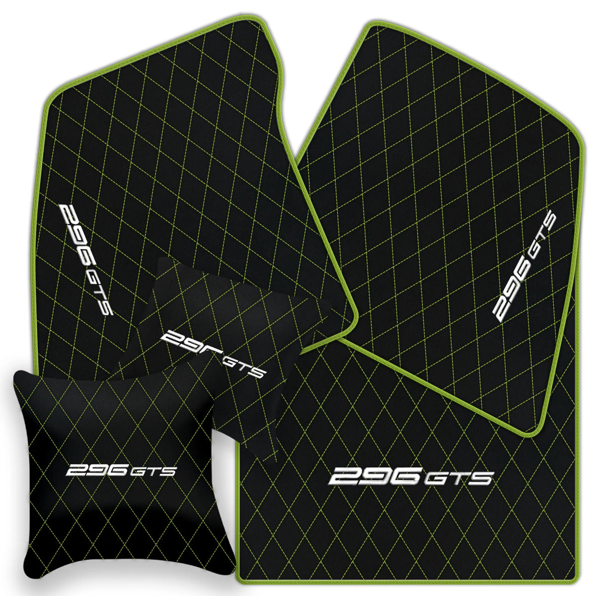 Black Leather Floor Mats for Ferrari 296 GTS (2022-2027) with Single Diamond Pattern | Full Set Option