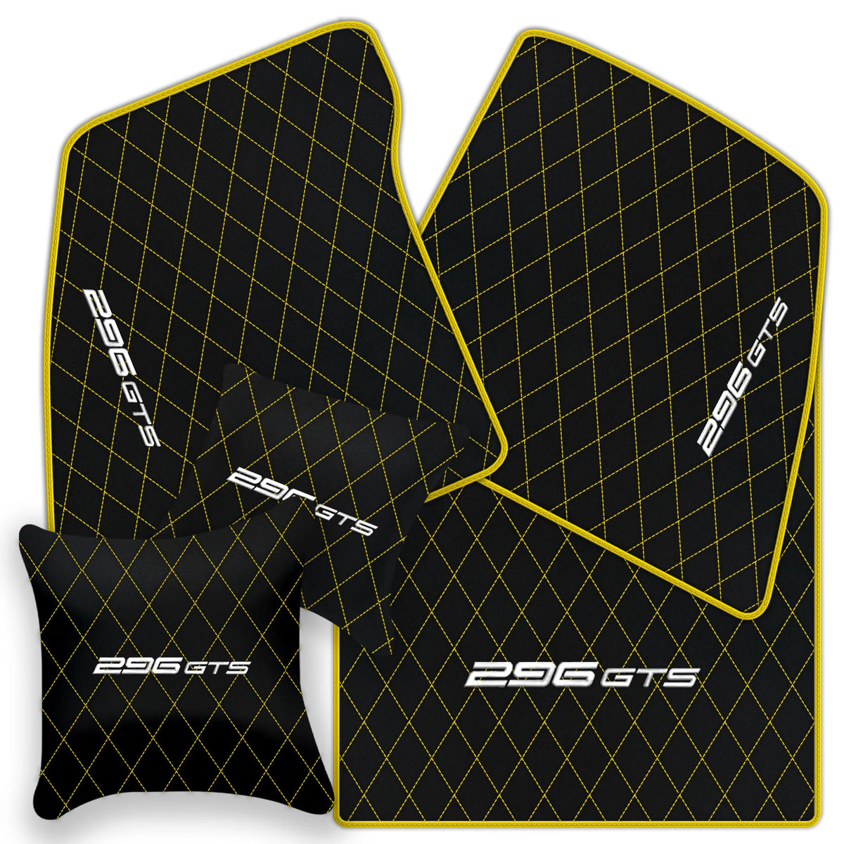 Black Leather Floor Mats for Ferrari 296 GTS (2022-2027) with Single Diamond Pattern | Full Set Option